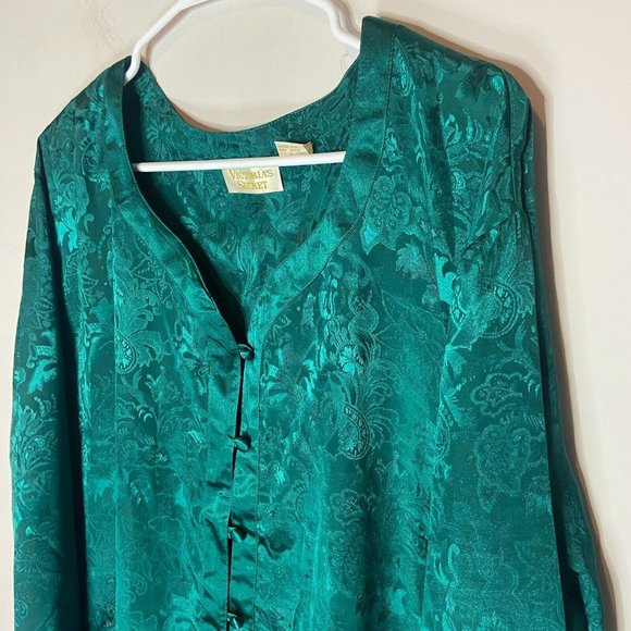 VTG Victorias Secret Gold Label Night Shirt Womens L Green Floral Embossed Sleep - Picture 2 of 8